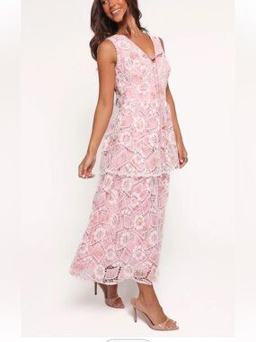 Just Me Pink Lace Tiered Midi Dress